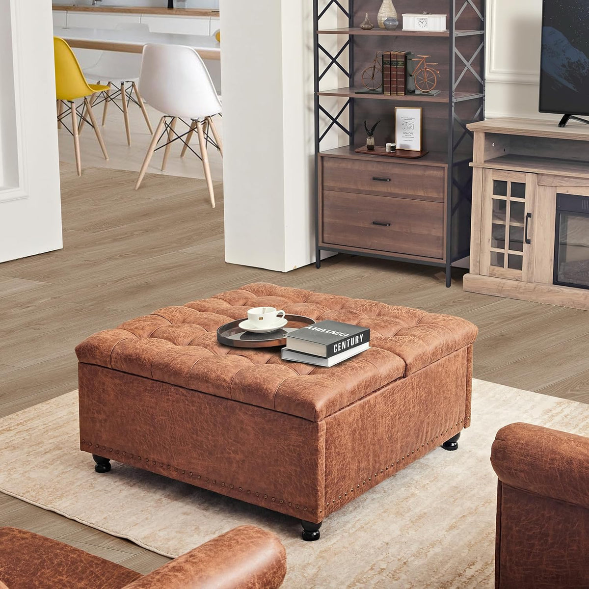Redlife Puff Almacenaje, Mesa de Café con Ottoman de Almacenamiento, 89.9 cm Gran reposapies Salon, Ottoman Tapizado con Almacenamiento para Sala de Estar (marrón)