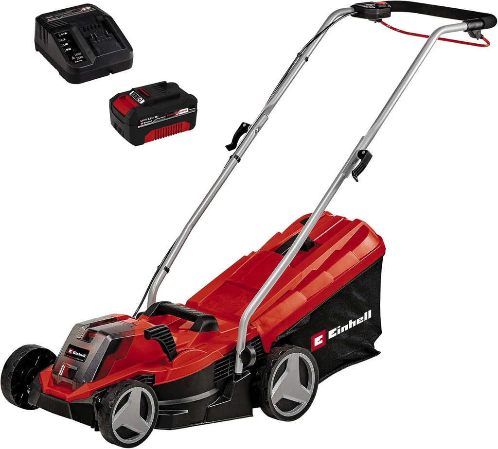 Einhell Tondeuse à gazon sans fil GE-CM 18/33 Li Kit Power X-Change (18V, Largeur de Coupe 33cm, Surface conseillée 200 m²) Livré avec Batterie 4,0 Ah et Chargeur