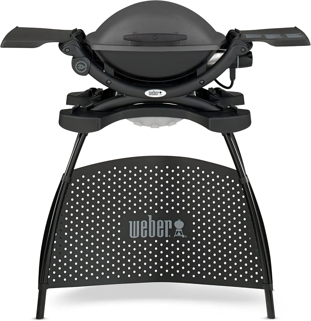 Weber Q1400 Barbecue électrique avec support, surface de cuisson 43 x 32 cm, nomade, grille en fonte émaillée divisée en 2 parties, couvercle et cuve en fonte d'aluminium - Gris foncé (52020853)