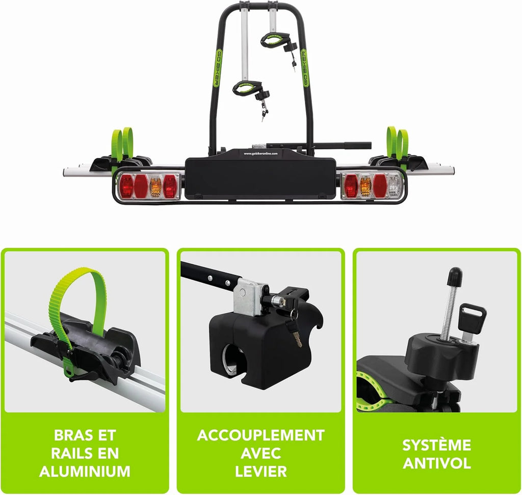 GO BIKER Porte-Vélo sur Attelage - Modèles 2 à 4 Vélos - Gamme Complète Boule de Remorque - Supporte 15 et 30 kg/Rail - Châssis Acier/Aluminium - Tous Types de Vélos - Antivol - E-Bike (E-Trek)