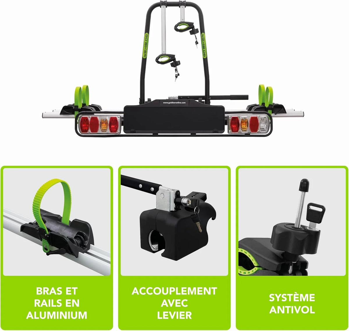 GO BIKER Porte-Vélo sur Attelage - Modèles 2 à 4 Vélos - Gamme Complète Boule de Remorque - Supporte 15 et 30 kg/Rail - Châssis Acier/Aluminium - Tous Types de Vélos - Antivol - E-Bike (E-Trek)