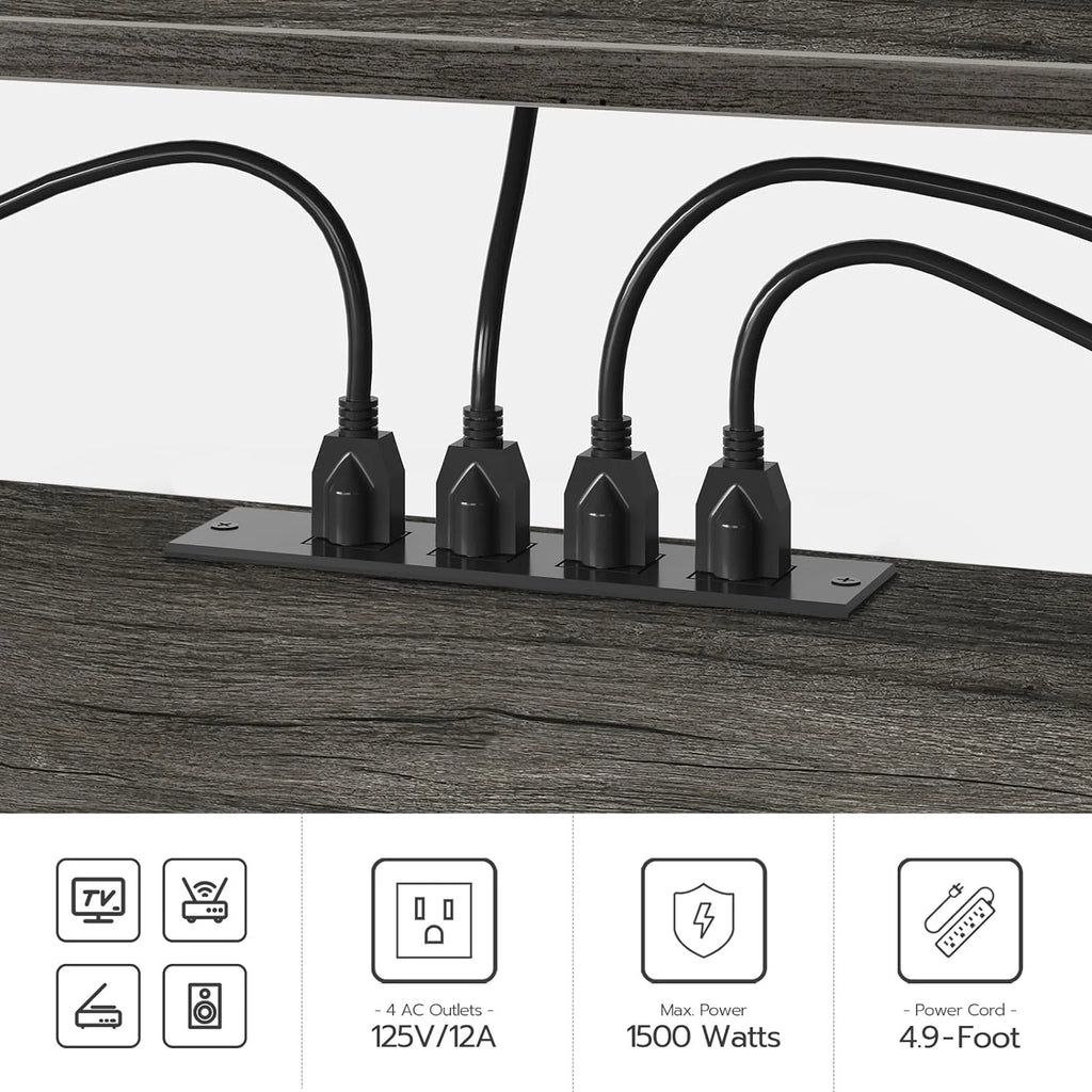 Mueble para TV con Enchufes Integrados para TVs de hasta 75 Pulgadas, Mesa Consola con Estantes Abiertos, Centro de Entretenimiento Industrial para Sala o Dormitorio, Color Marrón Rústico y Negro BF60DS01