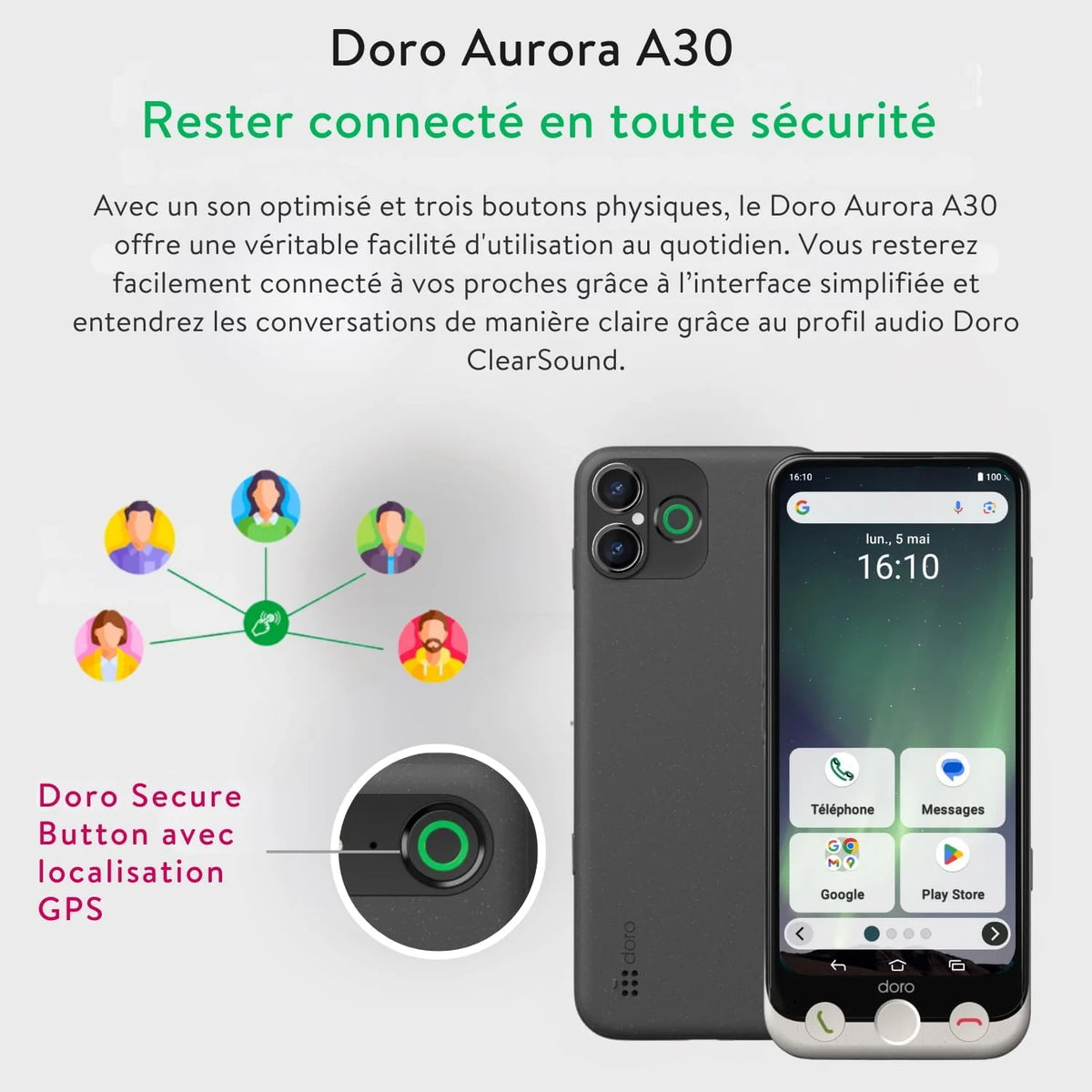 Doro - Téléphone Aurora A30 - Téléphone Portable Senior - Facile à Utiliser - Touche d'Assistance avec Localisation GPS - Compatible Appareils Auditifs - Câble USB Inclus - Graphite