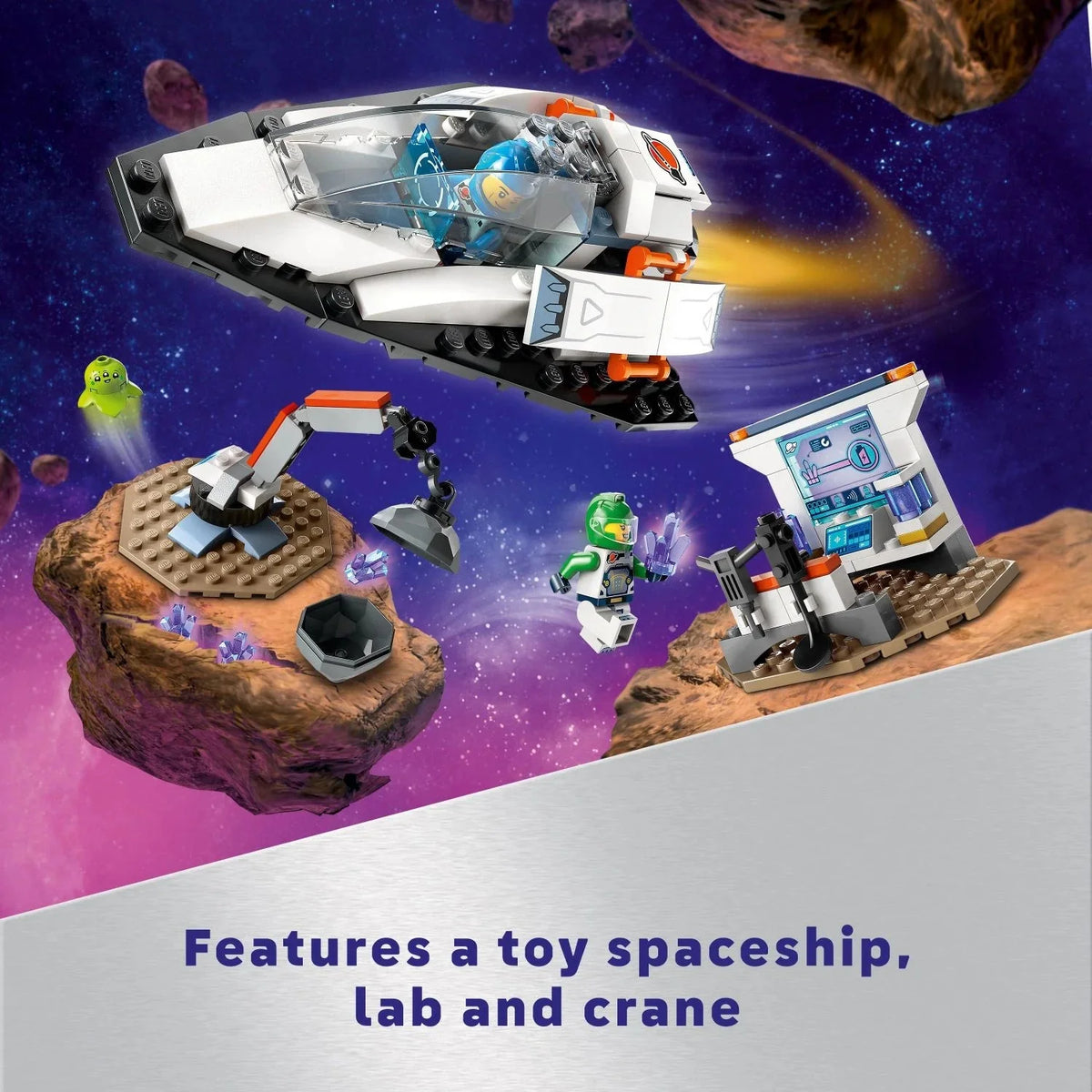 LEGO City Nave Espacial y Descubrimiento de Asteroides, Set de Construcción de Juguete, Regalo para Niños de 4 Años en Adelante que Aman el Juego de Imaginación, Incluye 2 Minifiguras de la Tripulación Espacial, Alienígena, Cristales y Juguete de Grú