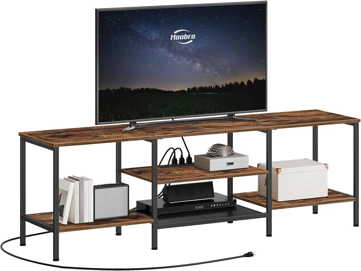 Mueble para TV con Enchufes Integrados para TVs de hasta 75 Pulgadas, Mesa Consola con Estantes Abiertos, Centro de Entretenimiento Industrial para Sala o Dormitorio, Color Marrón Rústico y Negro BF60DS01