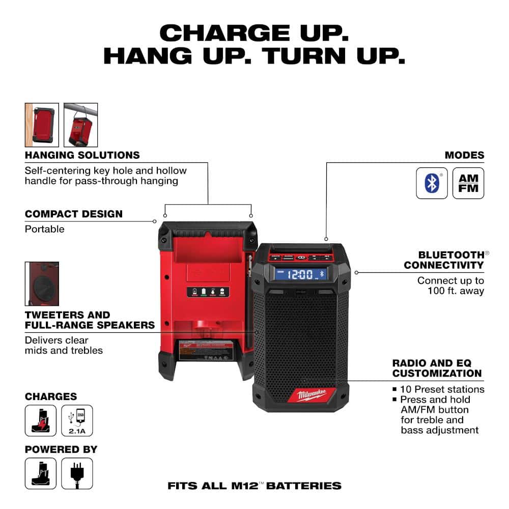 Radio inalámbrico para obra Milwaukee M12 de 12 voltios con Bluetooth/AM/FM y cargador 2951-20