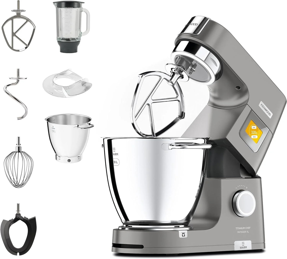 Kenwood Titanium Chef Patissier XL KWL90.034SI, Robot Patissier Balance Intégrée, Batteur K, Pétrin, Fouet, Batteur Souple, Deux Bols, Couvercle Anti-Projections, 1400W, Acier, Argent