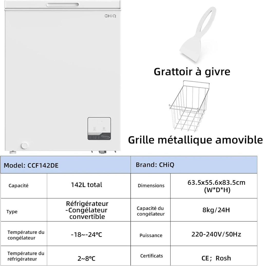 Congélateur coffre CHiQ 142L, 63,5 x 55,6 x 83,5cm, Congélateur Inverter, Affichage de la température extérieure, Mode de congélation rapide -32℃, Grille métallique,Faible bruit