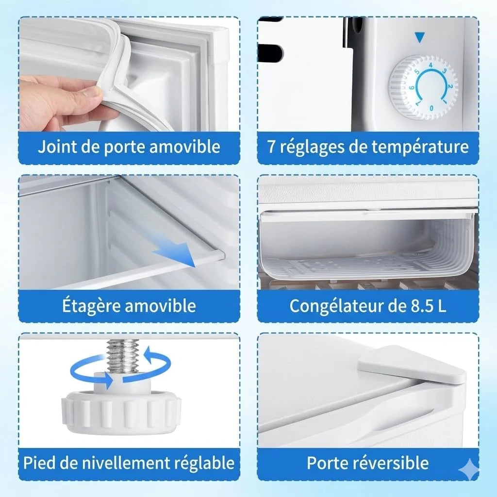 Mini réfrigérateur 90,8 L avec congélateur à porte simple, thermostat à 7 réglages. Économe en énergie et silencieux, modèle compact idéal for bureau, chambre et dortoir, couleur blanche