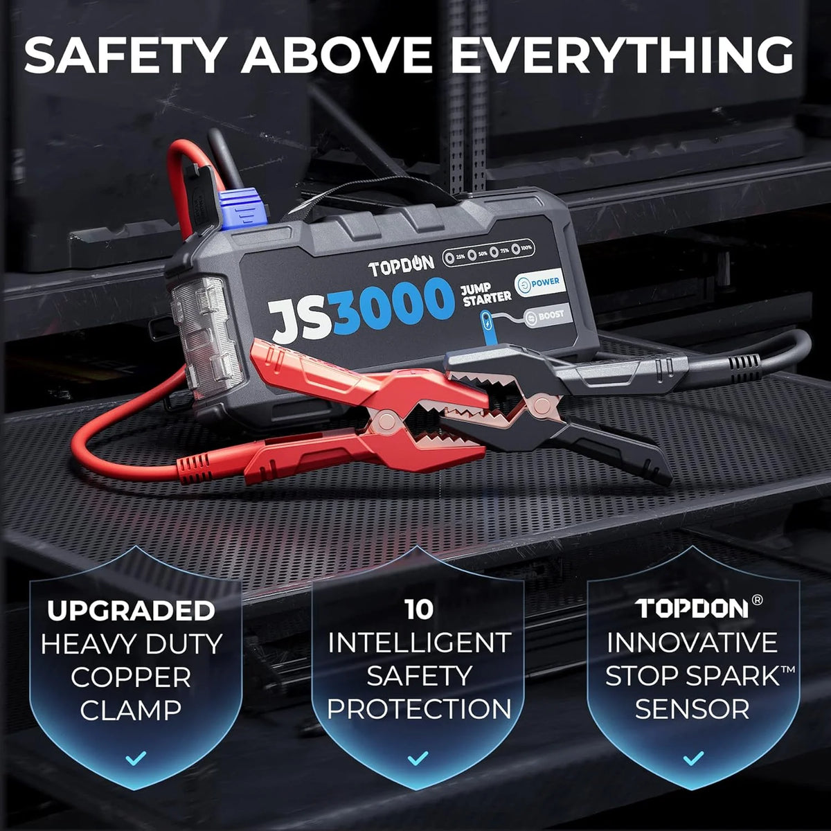 TOPDON Booster Batterie, JS3000 Demarreur Batterie Voiture 3000A/24000mAh Jump Starter Moteurs Diesel Jusqu'à 9 L et 7 L, Charge Rapide USB Lampe Poche LED intégrée