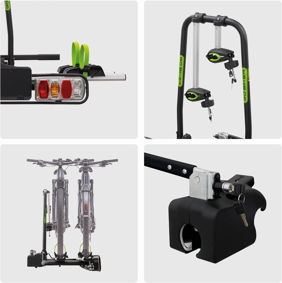 GO BIKER Porte-Vélo sur Attelage - Modèles 2 à 4 Vélos - Gamme Complète Boule de Remorque - Supporte 15 et 30 kg/Rail - Châssis Acier/Aluminium - Tous Types de Vélos - Antivol - E-Bike (E-Trek)