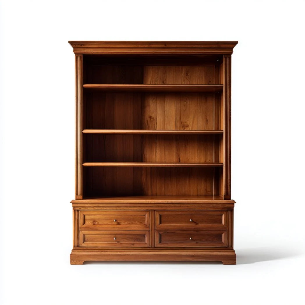 Bibliothèque en bois massif avec tiroirs et étagères ouvertes