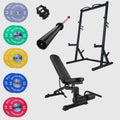 Power Bundle con Rack de Sentadillas Inclinado | Platos de Competencia de 10-55 lbs