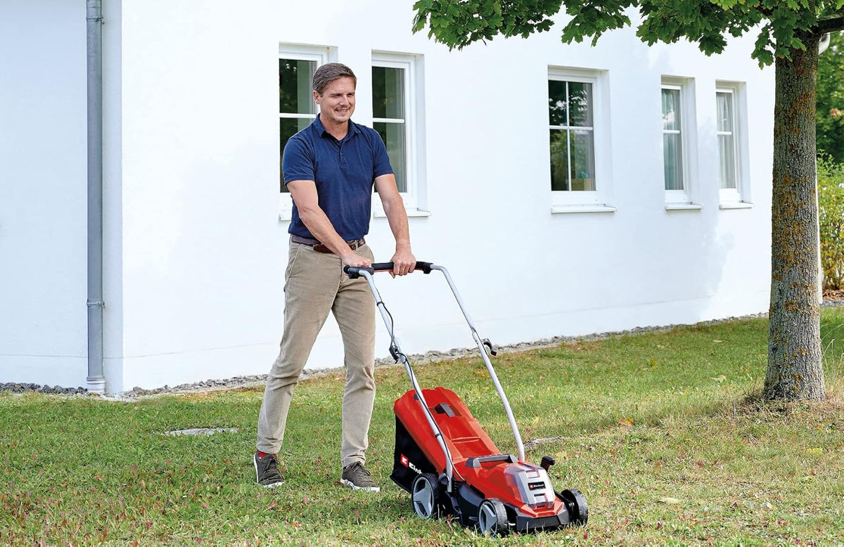 Einhell Tondeuse à gazon sans fil GE-CM 18/33 Li Kit Power X-Change (18V, Largeur de Coupe 33cm, Surface conseillée 200 m²) Livré avec Batterie 4,0 Ah et Chargeur
