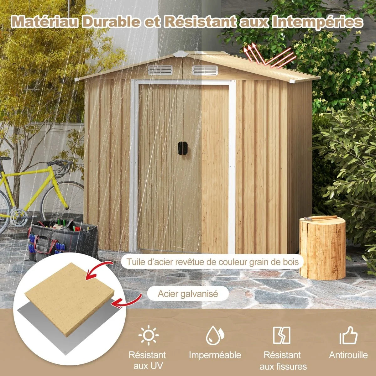 Abri de Jardin 2.3㎡ en Acier Galvanisé Anti-UV 196x142x186cm Cabane de Jardin Exterieur 3.7m³ avec Porte Coulissante Rampe Naturel