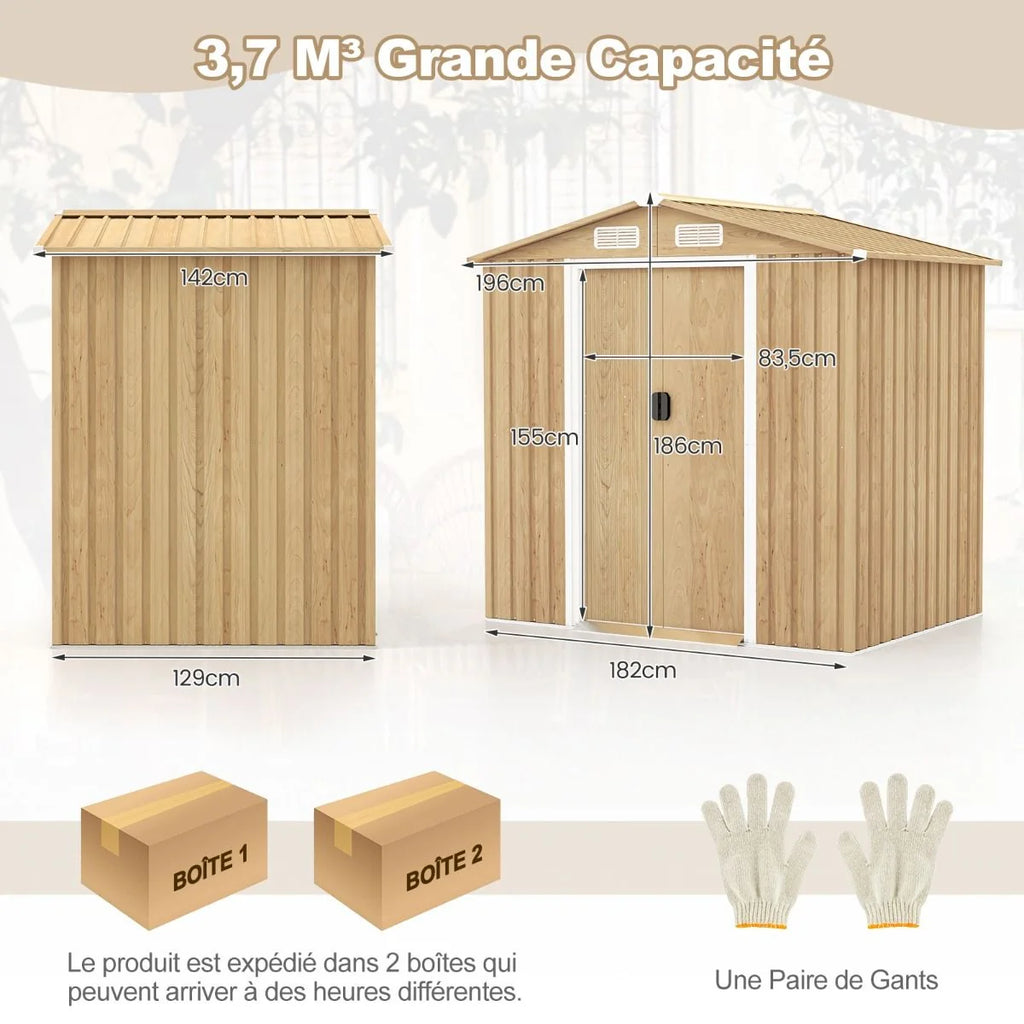Abri de Jardin 2.3㎡ en Acier Galvanisé Anti-UV 196x142x186cm Cabane de Jardin Exterieur 3.7m³ avec Porte Coulissante Rampe Naturel