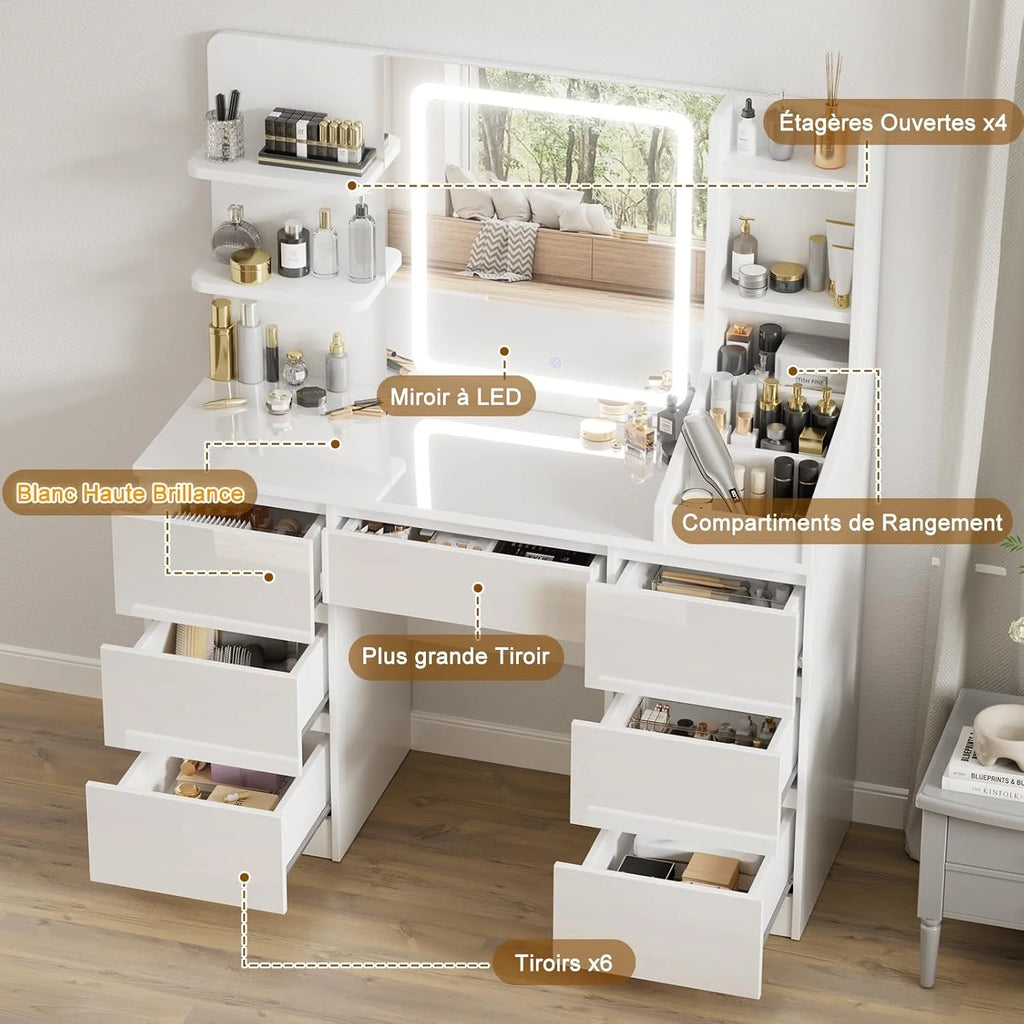 TRIUMPHKEY Coiffeuse Moderne Blanc Haute Brillance, Miroir LED à Lumière Réglable, Grand Espace de Rangement,Table de Maquillage avec 7 Tiroirs, 3 Compartiments, 4 Étagères Ouvertes