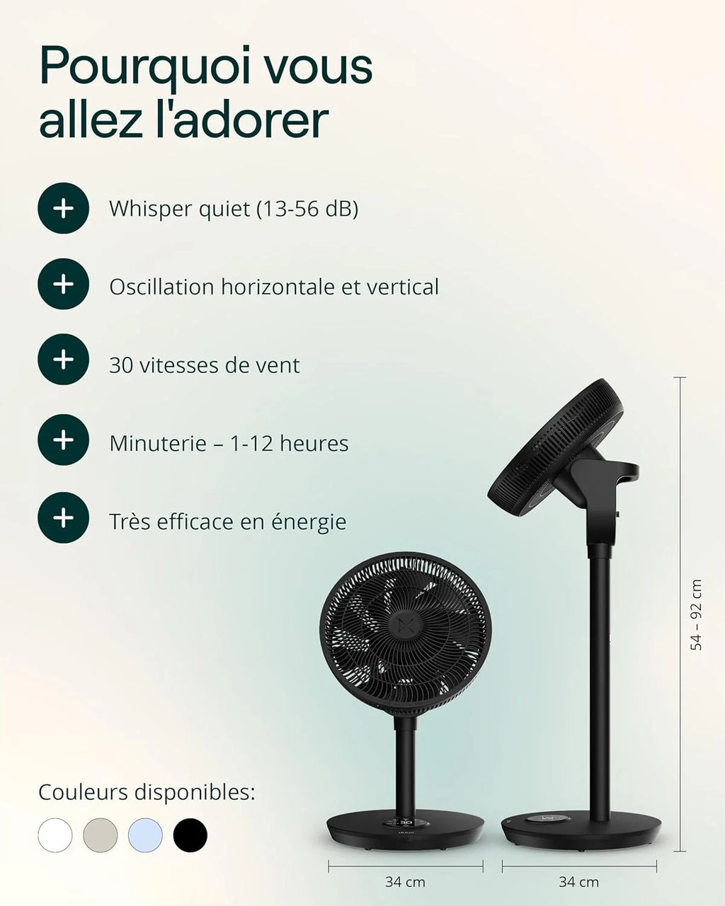 Duux Ventilateur intelligent Whisper Flex 2 – ultra silencieux 13 dB – mode nuit & minuterie – hauteur réglable (54–92 cm) – 2W éco – contrôle app & télécommande – Noir