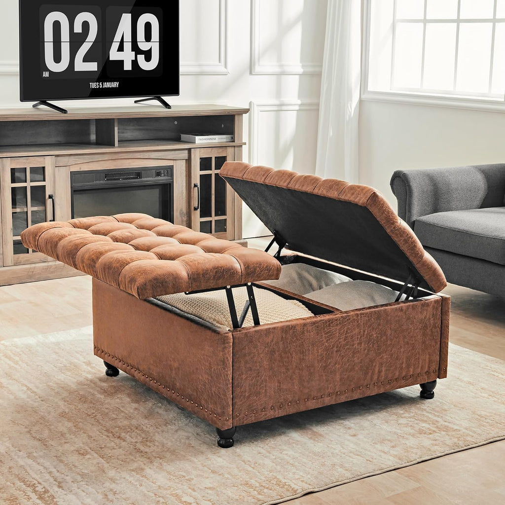 Redlife Puff Almacenaje, Mesa de Café con Ottoman de Almacenamiento, 89.9 cm Gran reposapies Salon, Ottoman Tapizado con Almacenamiento para Sala de Estar (marrón)
