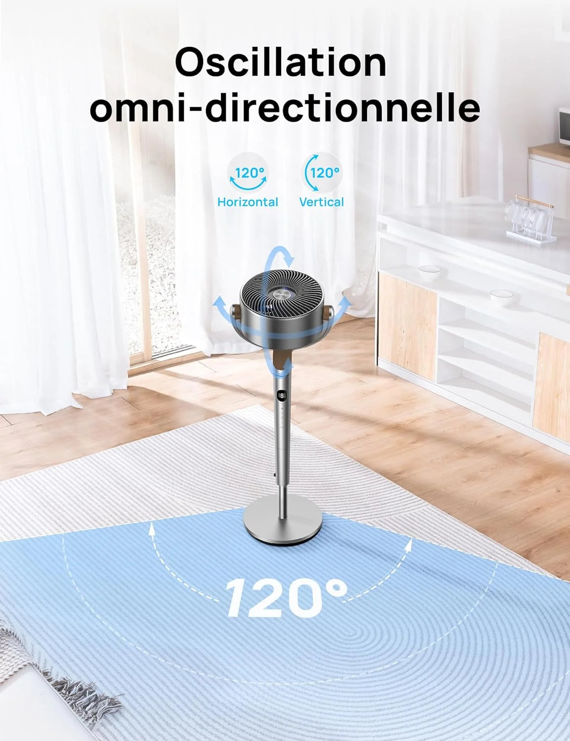 DREO 23dB ventilateur sur pied silencieux, portée de 24M, volume d'air 1200m³/h, turbo circulateur, hauteur de 102CM, 3 modes, 8 vitesses, oscillation omnidirectionnelle 120°+120°, PolyFan 502