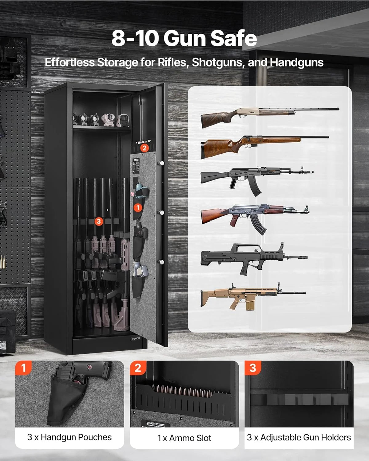 VEVOR Armoire à 8-10 Fusils, Coffre-Fort pour Armes à Feu Verrouillage par Empreinte Digitale et Mot de Passe et Clés, avec 3 Poches pour Pistolets et Supports Réglables, Accès Rapide, pour Domicile