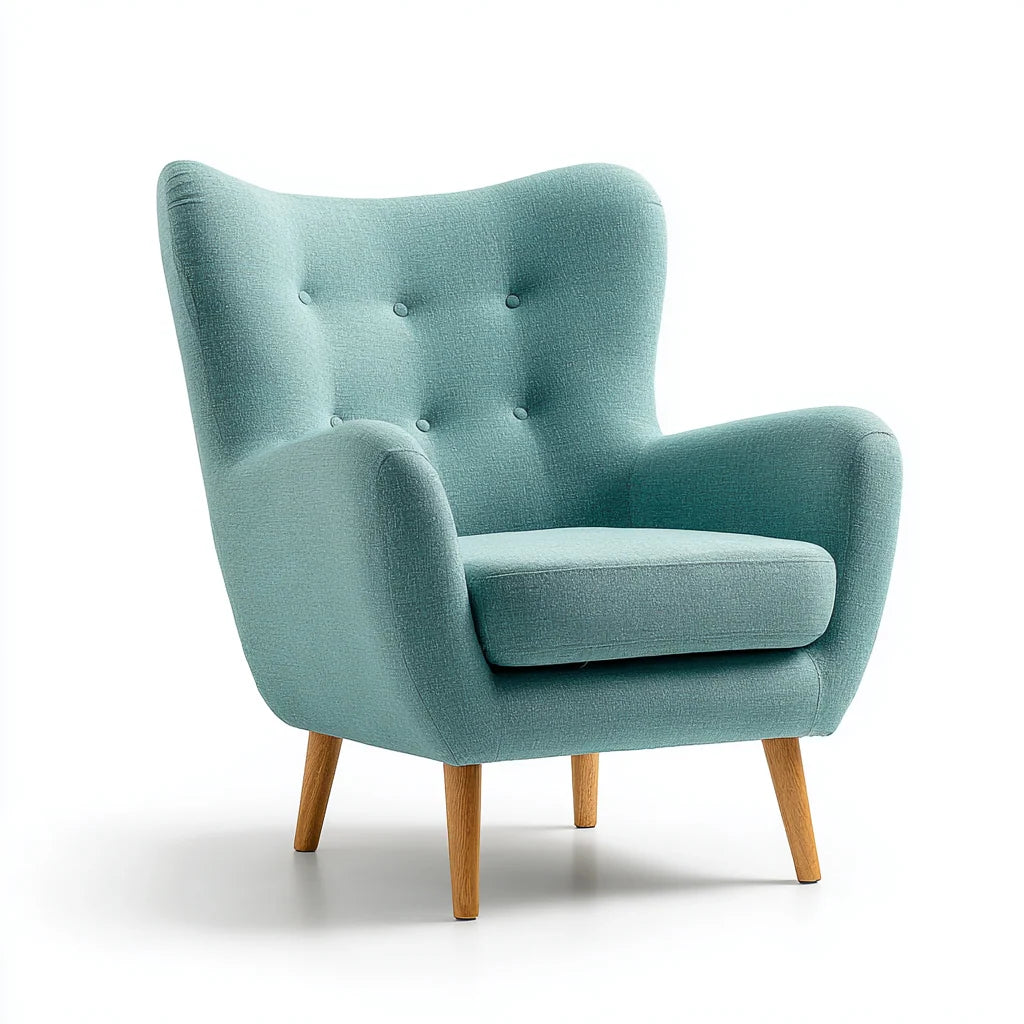 Fauteuil lounge en tissu vert d’eau avec pieds en bois