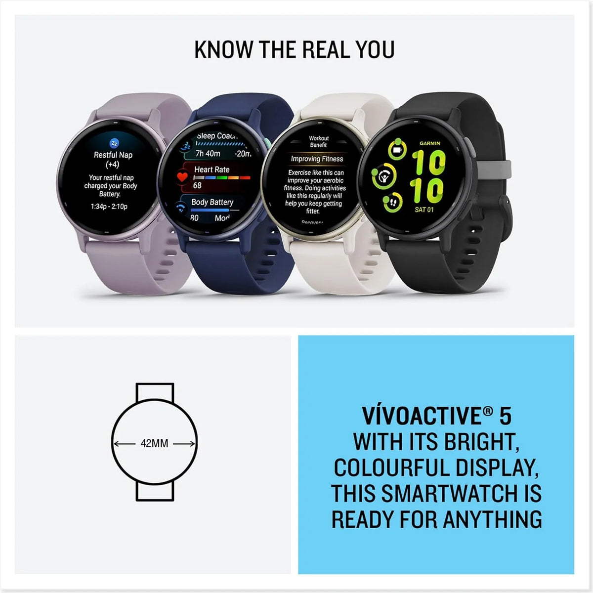 Garmin vívoactive 5 - Montre connectée GPS Sport et santé – Metallic Blue avec Bracelet Bleu Marine (Reconditionné)