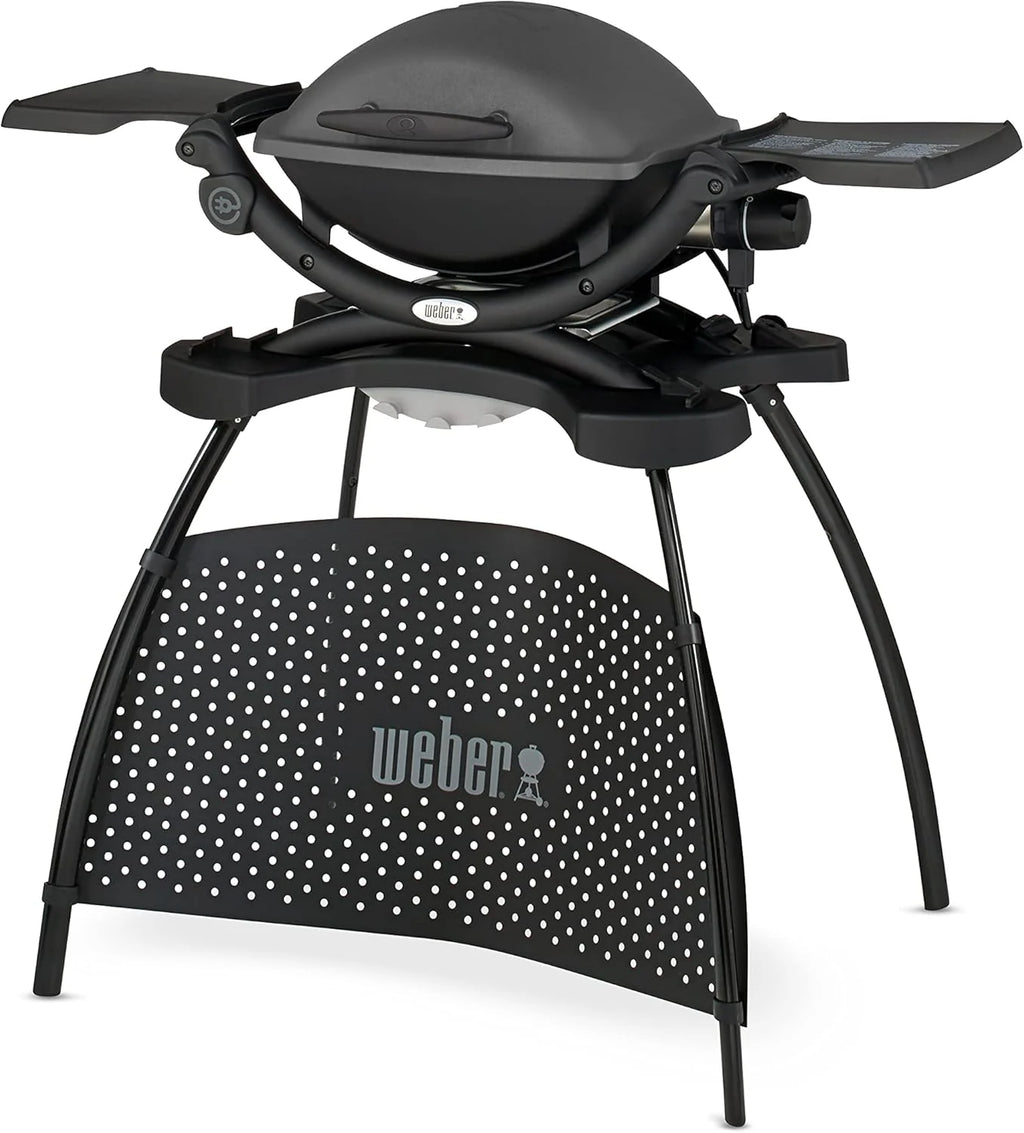 Weber Q1400 Barbecue électrique avec support, surface de cuisson 43 x 32 cm, nomade, grille en fonte émaillée divisée en 2 parties, couvercle et cuve en fonte d'aluminium - Gris foncé (52020853)