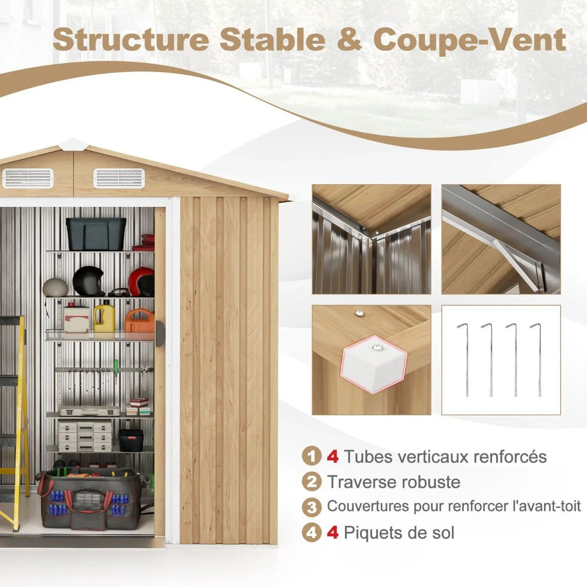 Abri de Jardin 2.3㎡ en Acier Galvanisé Anti-UV 196x142x186cm Cabane de Jardin Exterieur 3.7m³ avec Porte Coulissante Rampe Naturel