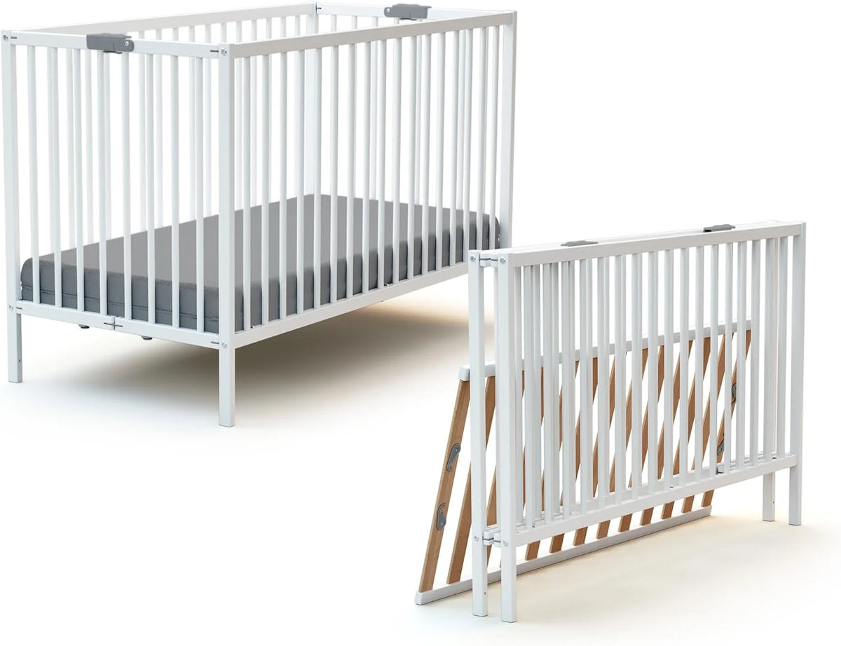 WEBABY - Lit bébé pliant 60x120cm Blanc | Bois massif | Dès la naissance |Confort de sommeil | Sommier à lattes | Compact | Transportable | Pliable |Gain de place | Lit de voyage