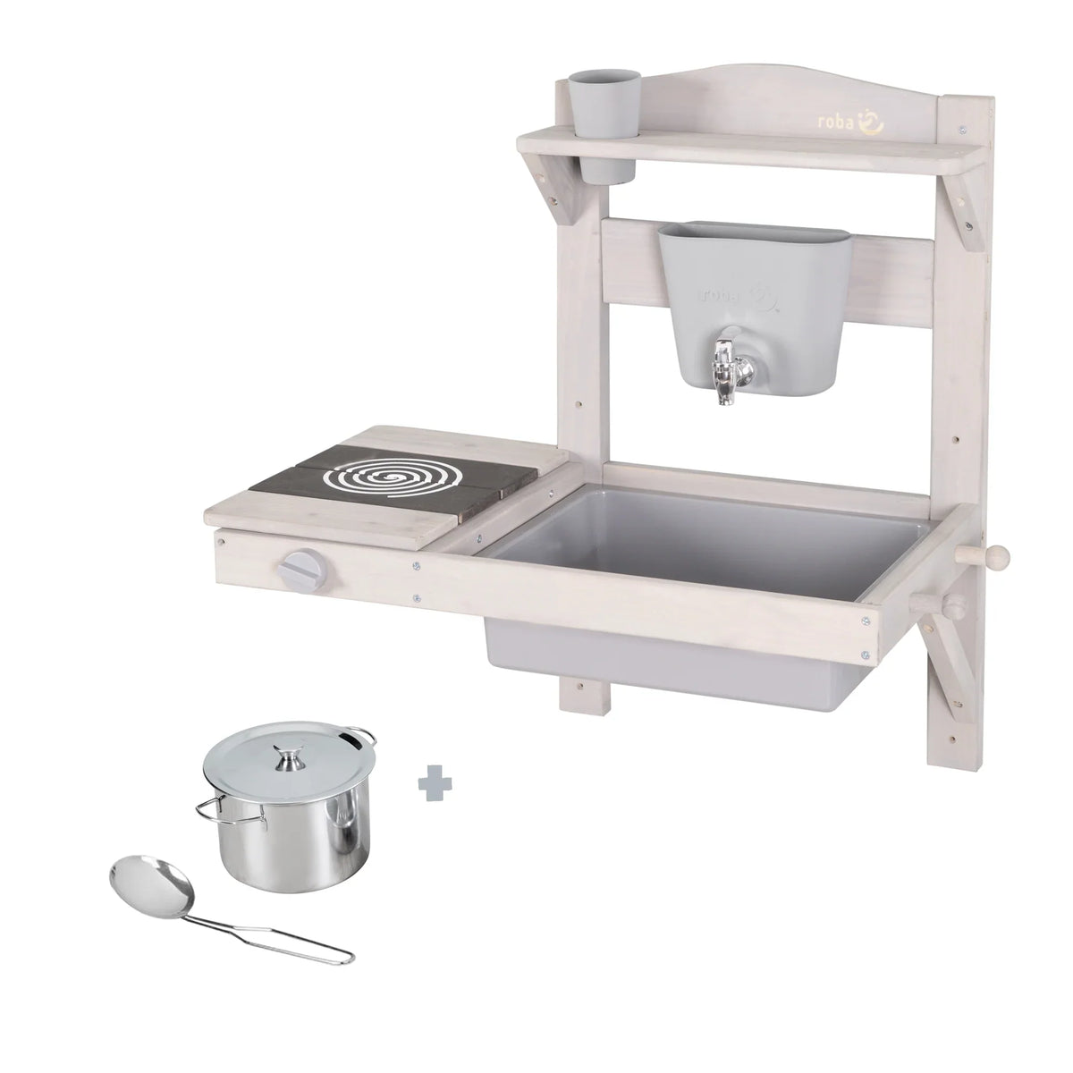 Cocina colgante de juego y barro con accesorios – Madera certificada FSC – Acabado en gris grabado