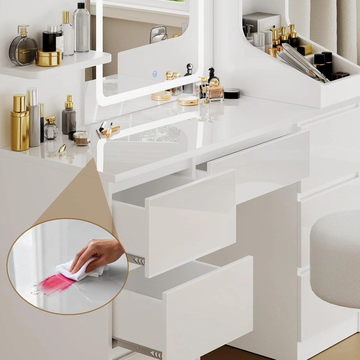 TRIUMPHKEY Coiffeuse Moderne Blanc Haute Brillance, Miroir LED à Lumière Réglable, Grand Espace de Rangement,Table de Maquillage avec 7 Tiroirs, 3 Compartiments, 4 Étagères Ouvertes