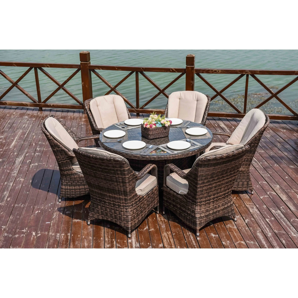 7 Pieces Outdoor Rattan Wicker Patio Round Dining Set with Cushions by Moda Furnishings