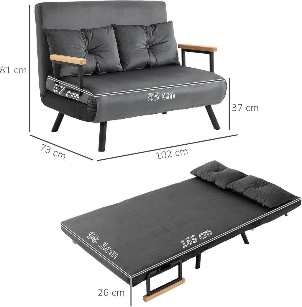 HOMCOM Sofa Bed 2 Seater Folding Sofa Bed Upholstered in Velvet with 5 Levels Adjustable Backrest and Padded Pillows for Office Bedroom Living Room 102 x 73 x 81 cm Beige
