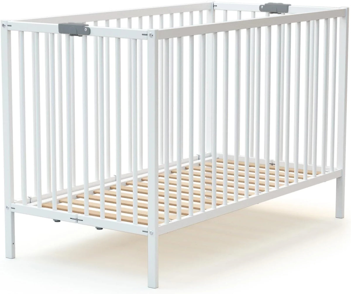 WEBABY - Lit bébé pliant 60x120cm Blanc | Bois massif | Dès la naissance |Confort de sommeil | Sommier à lattes | Compact | Transportable | Pliable |Gain de place | Lit de voyage