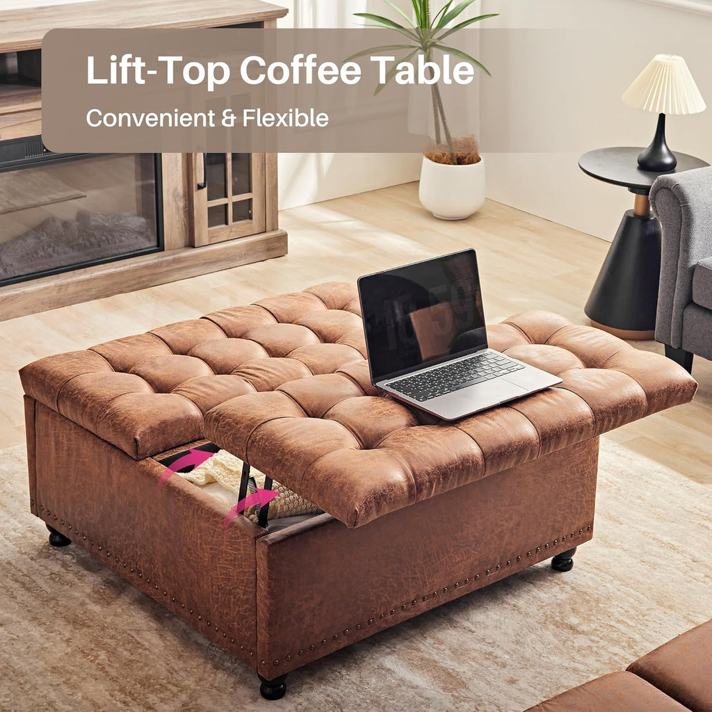 Redlife Puff Almacenaje, Mesa de Café con Ottoman de Almacenamiento, 89.9 cm Gran reposapies Salon, Ottoman Tapizado con Almacenamiento para Sala de Estar (marrón)