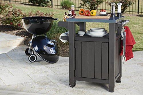 Keter Unity Mesa Portátil para Exterior y Gabinete de Almacenamiento con Ganchos para Accesorios de Parrilla - Superficie de Acero Inoxidable para Isla de Cocina o Carro de Bar en Patio, Marrón Espresso