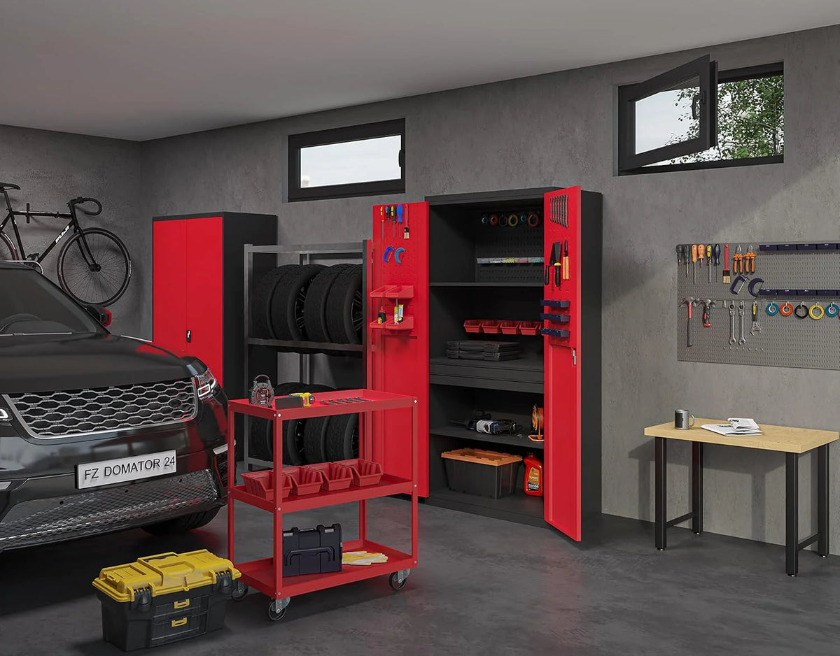 Jan Nowak Armoire à Outils TC02AM Armoire Meuble d'atelier avec 2 Tiroirs Portes battantes 3 étagères Peinture en Poudre 185 cm x 92 cm x 50 cm Anthracite-Rouge