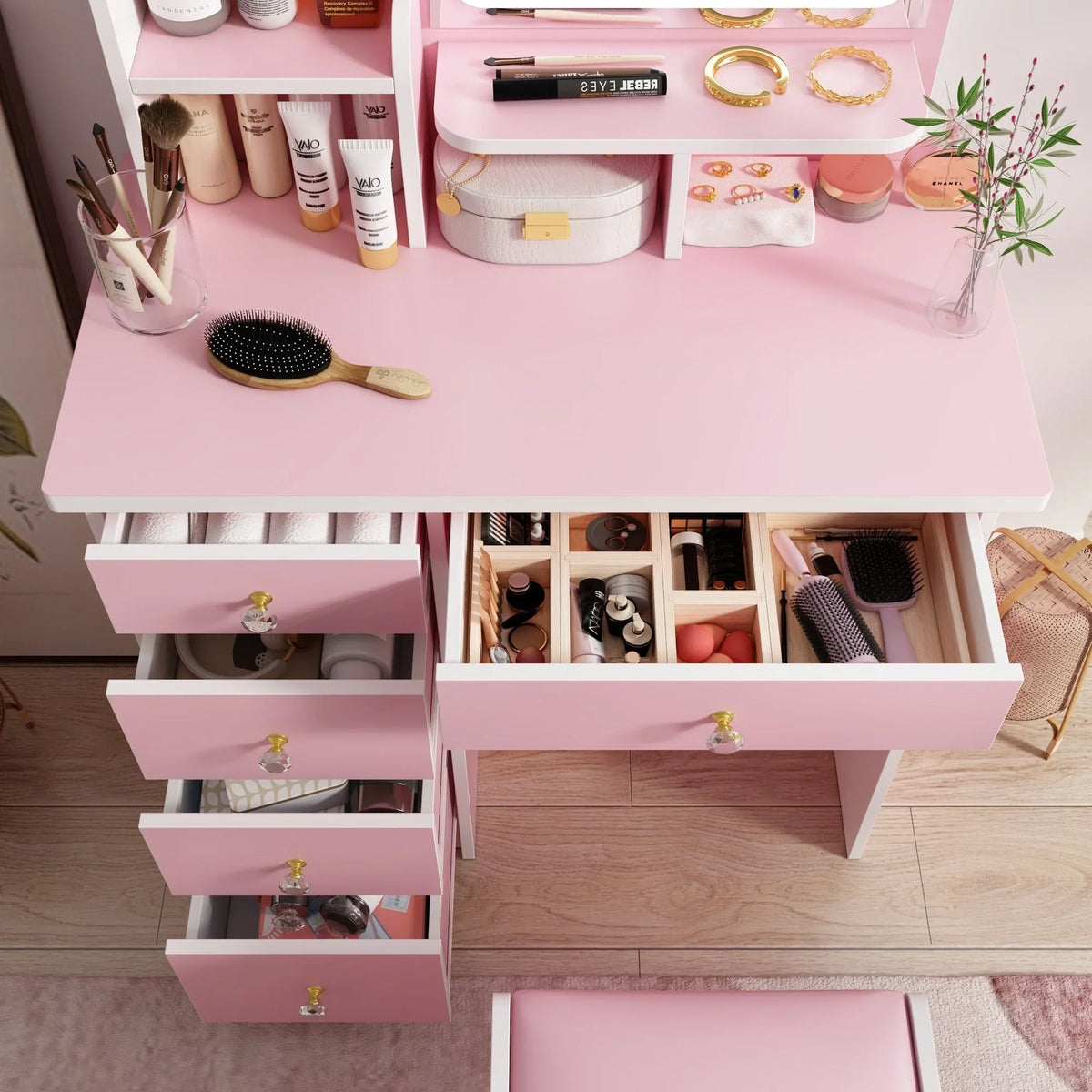 Makeup Vanity Set Table With LED Light &Mirror & Stool