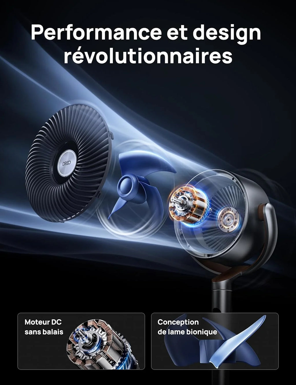 DREO 23dB ventilateur sur pied silencieux, portée de 24M, volume d'air 1200m³/h, turbo circulateur, hauteur de 102CM, 3 modes, 8 vitesses, oscillation omnidirectionnelle 120°+120°, PolyFan 502