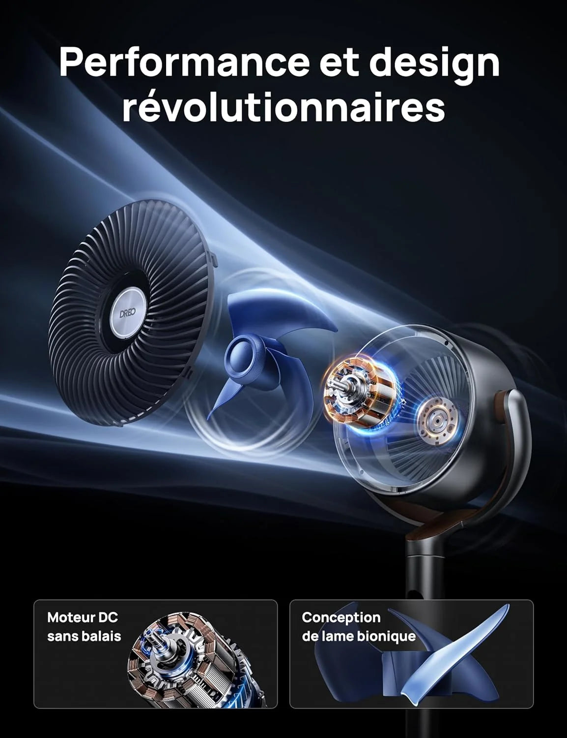 DREO 23dB ventilateur sur pied silencieux, portée de 24M, volume d'air 1200m³/h, turbo circulateur, hauteur de 102CM, 3 modes, 8 vitesses, oscillation omnidirectionnelle 120°+120°, PolyFan 502