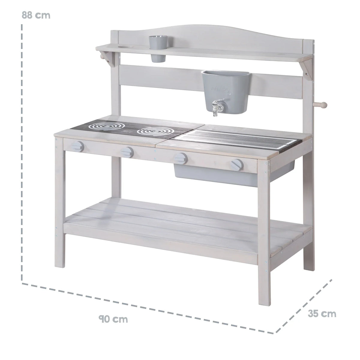Cocina de barro para exteriores con accesorios - Madera certificada FSC - Acabado en gris grabado