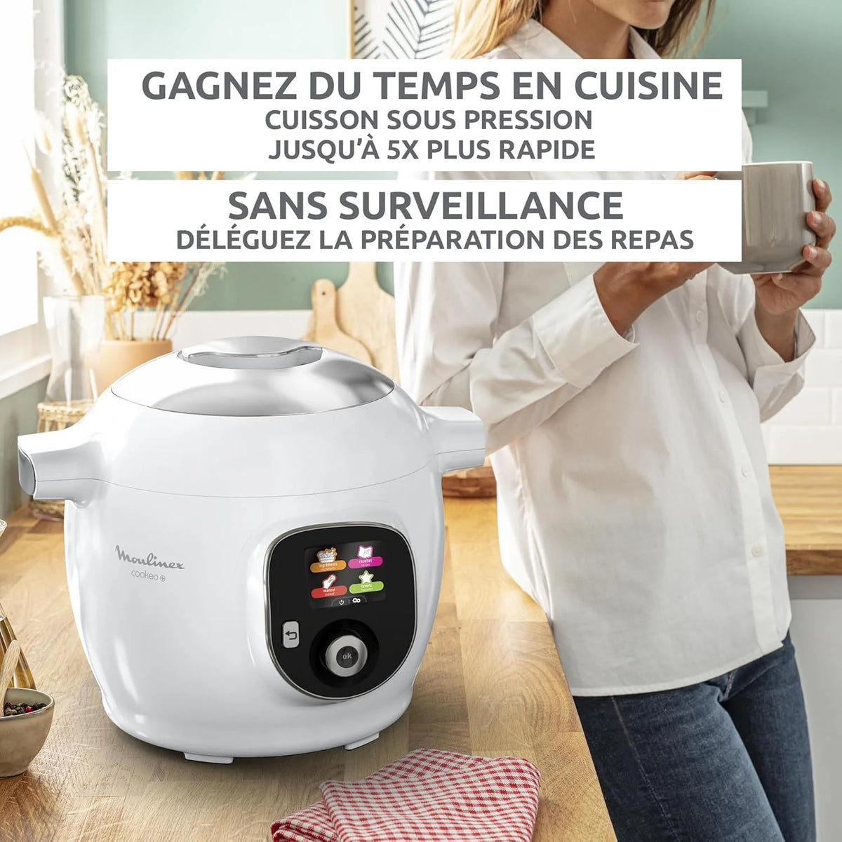 Moulinex, Cookeo Multicuiseur intelligent 6L, 80 recettes intégrées, Cuisson sans surveillance, Ecran intuitif, Guide de cuisson, Application MyMoulinex, 1600W, Blanc, 15 ans réparabilité CE854110