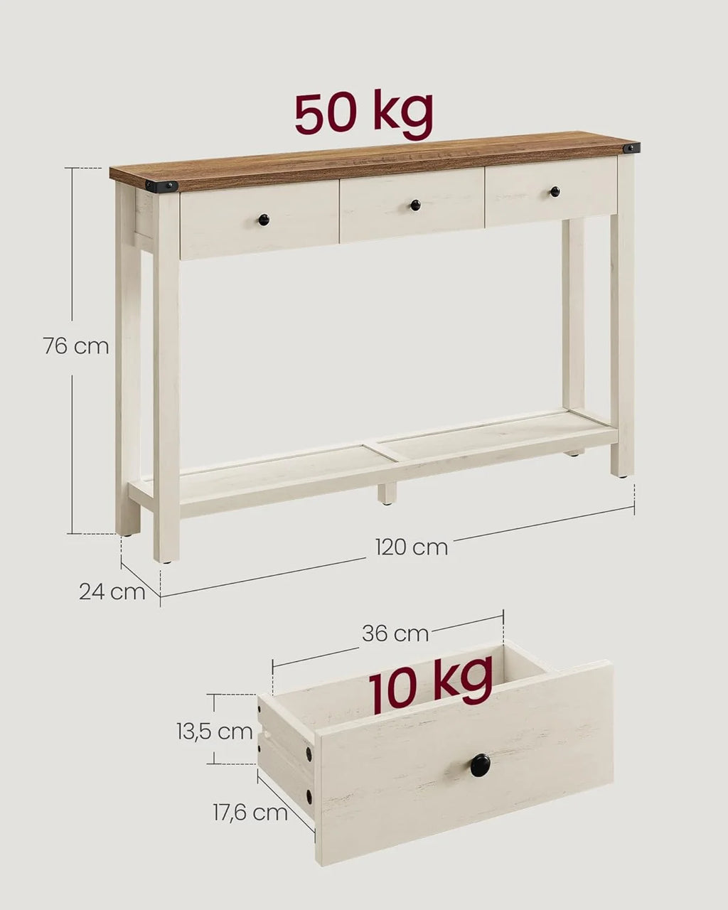VASAGLE Table Console, Table d'Entrée avec 3 Tiroirs et Étagère de Rangement, pour Entrée, Salon, Style Campagnard, Marron Miel et Blanc Rustique LNT142WJ01