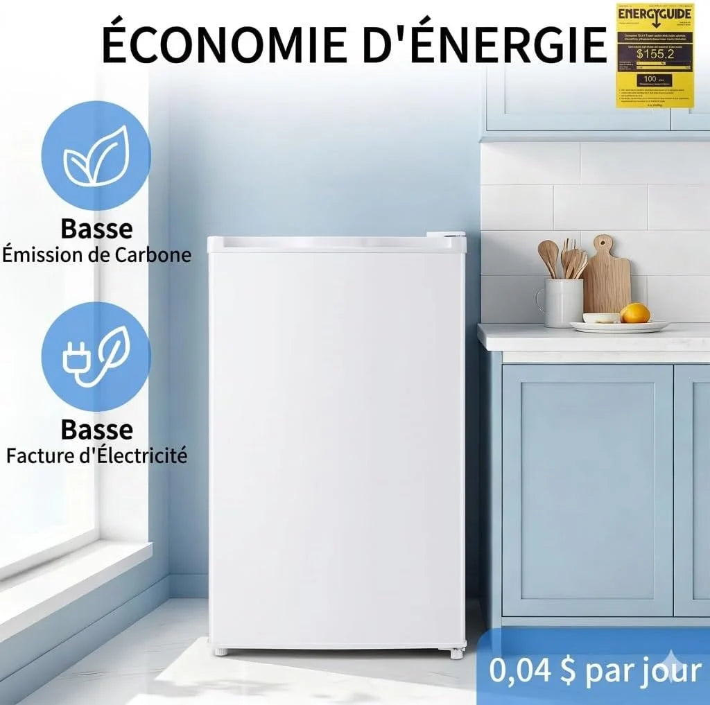 Mini réfrigérateur 90,8 L avec congélateur à porte simple, thermostat à 7 réglages. Économe en énergie et silencieux, modèle compact idéal for bureau, chambre et dortoir, couleur blanche