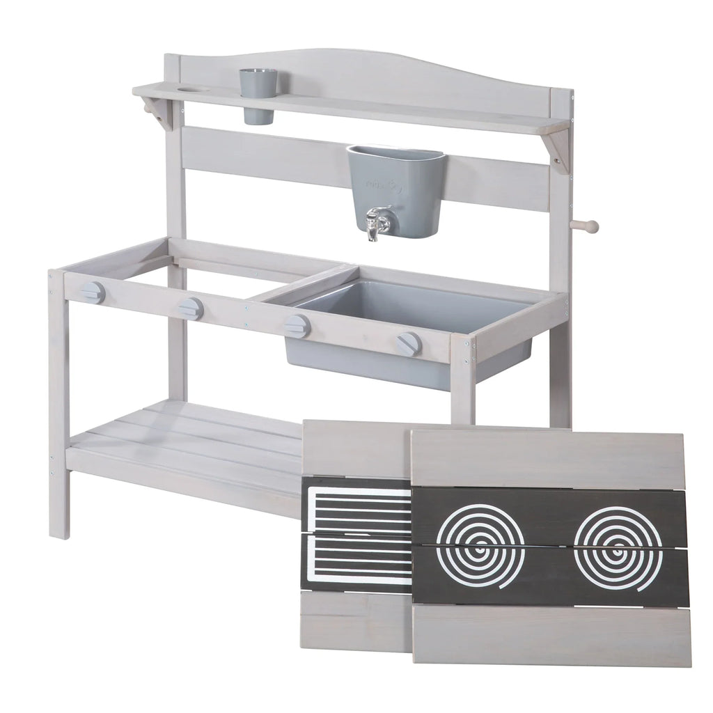 Cocina de barro para exteriores con accesorios - Madera certificada FSC - Acabado en gris grabado