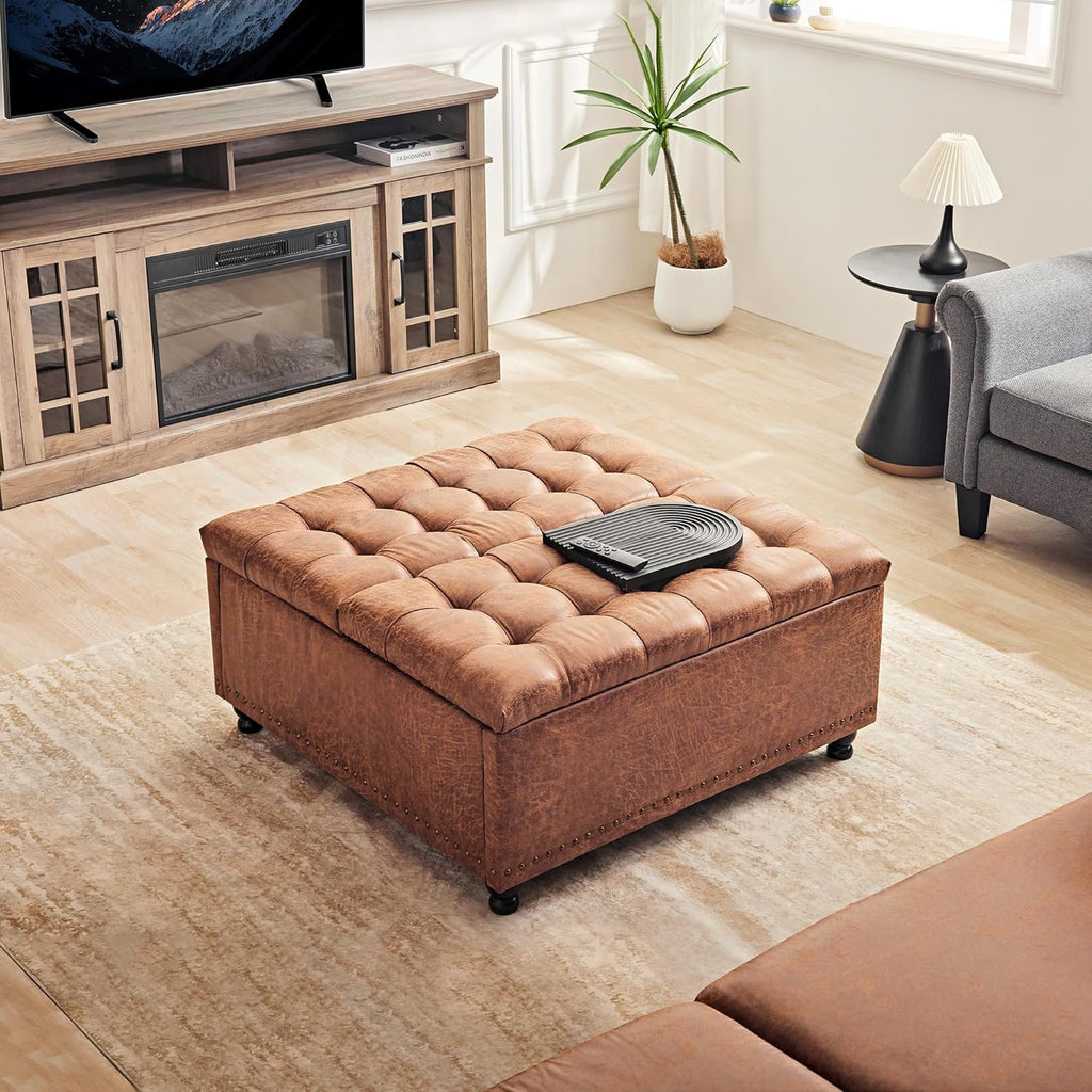 Redlife Puff Almacenaje, Mesa de Café con Ottoman de Almacenamiento, 89.9 cm Gran reposapies Salon, Ottoman Tapizado con Almacenamiento para Sala de Estar (marrón)
