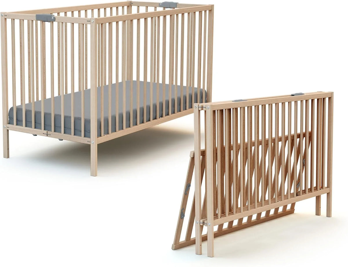 WEBABY - Lit bébé pliant 60x120cm Blanc | Bois massif | Dès la naissance |Confort de sommeil | Sommier à lattes | Compact | Transportable | Pliable |Gain de place | Lit de voyage