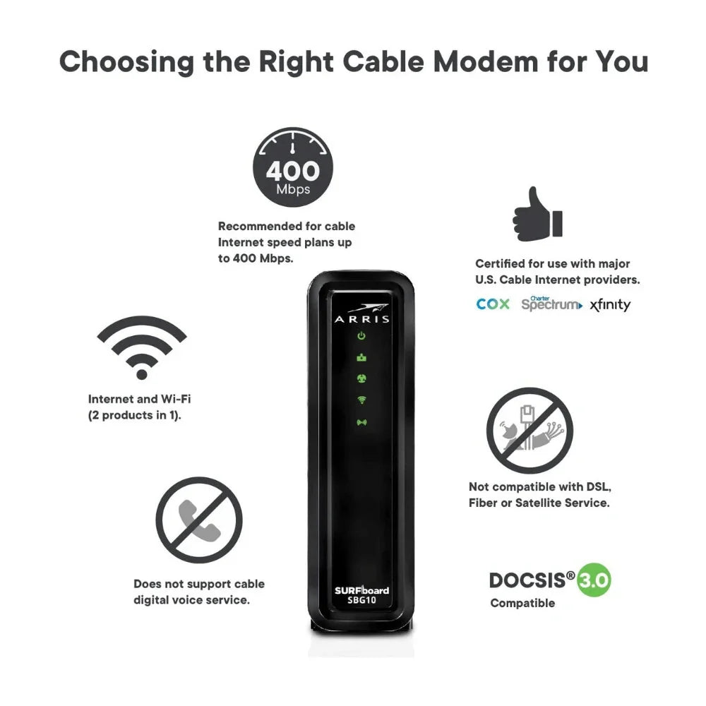 Arris SURFboard SBG10 Módem de Cable DOCSIS 3.0 y Router Wi-Fi de Banda Dual AC1600