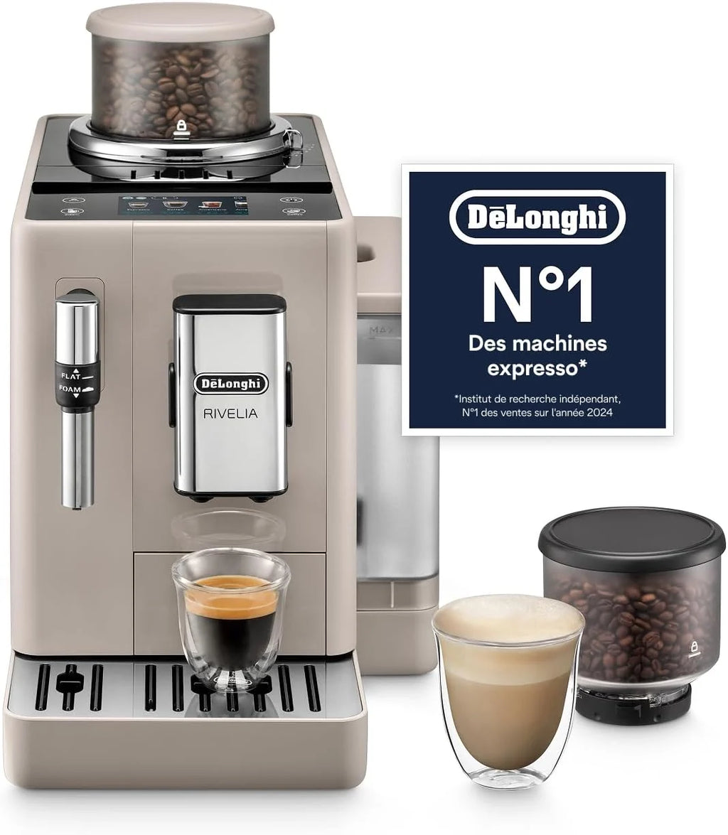 De’Longhi Rivelia - Perfetto Machine à Café Automatique, Mousseur à Lait Classique, 8 Boissons Enregistrées, Écran Tactile Couleur, Réservoir à Grains de Café Interchangeables, Noir (EXAM440.35.BG)